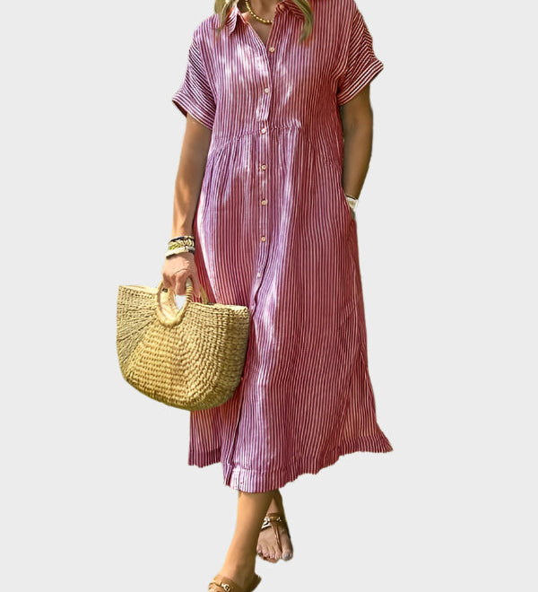 Dryžuotas Marškinėlių Suknelė su Sparnais, Mygtukais ir Funkcinėmis Kišenėmis