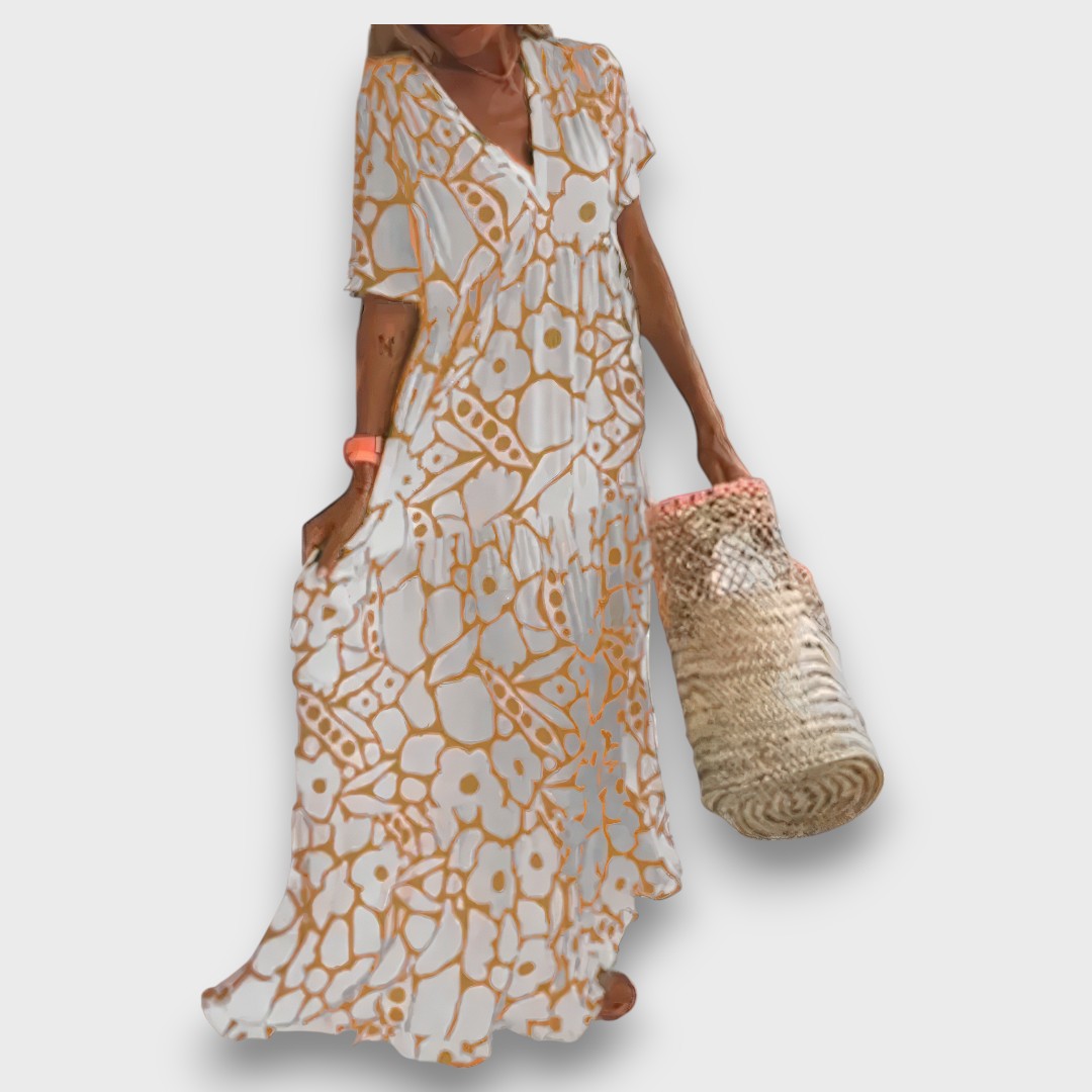 Ilga Suknelė su Gėlių Raštu ir Mygtukais