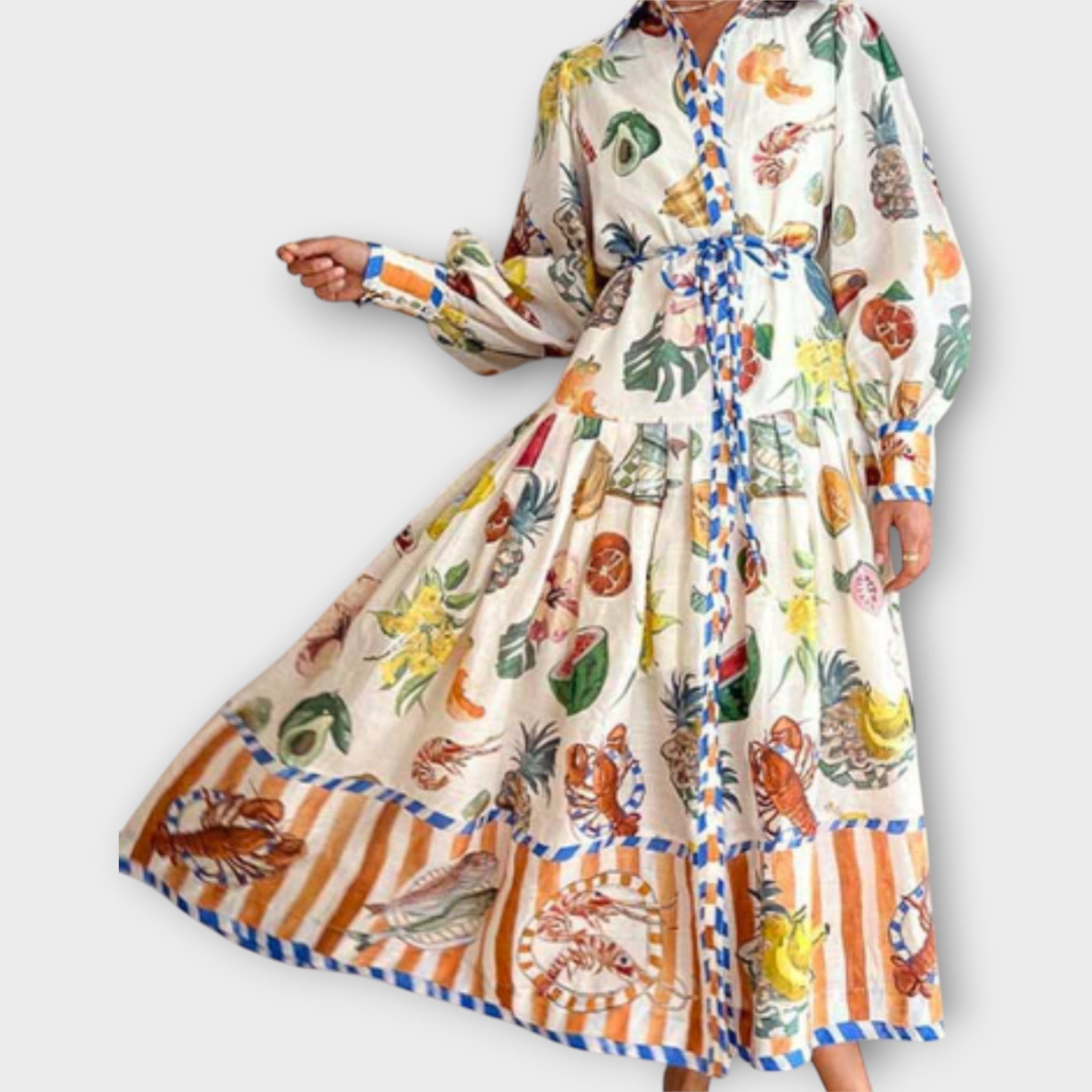 Maxi Suknelė Su Diržu & Pūkuotomis Rankovėmis