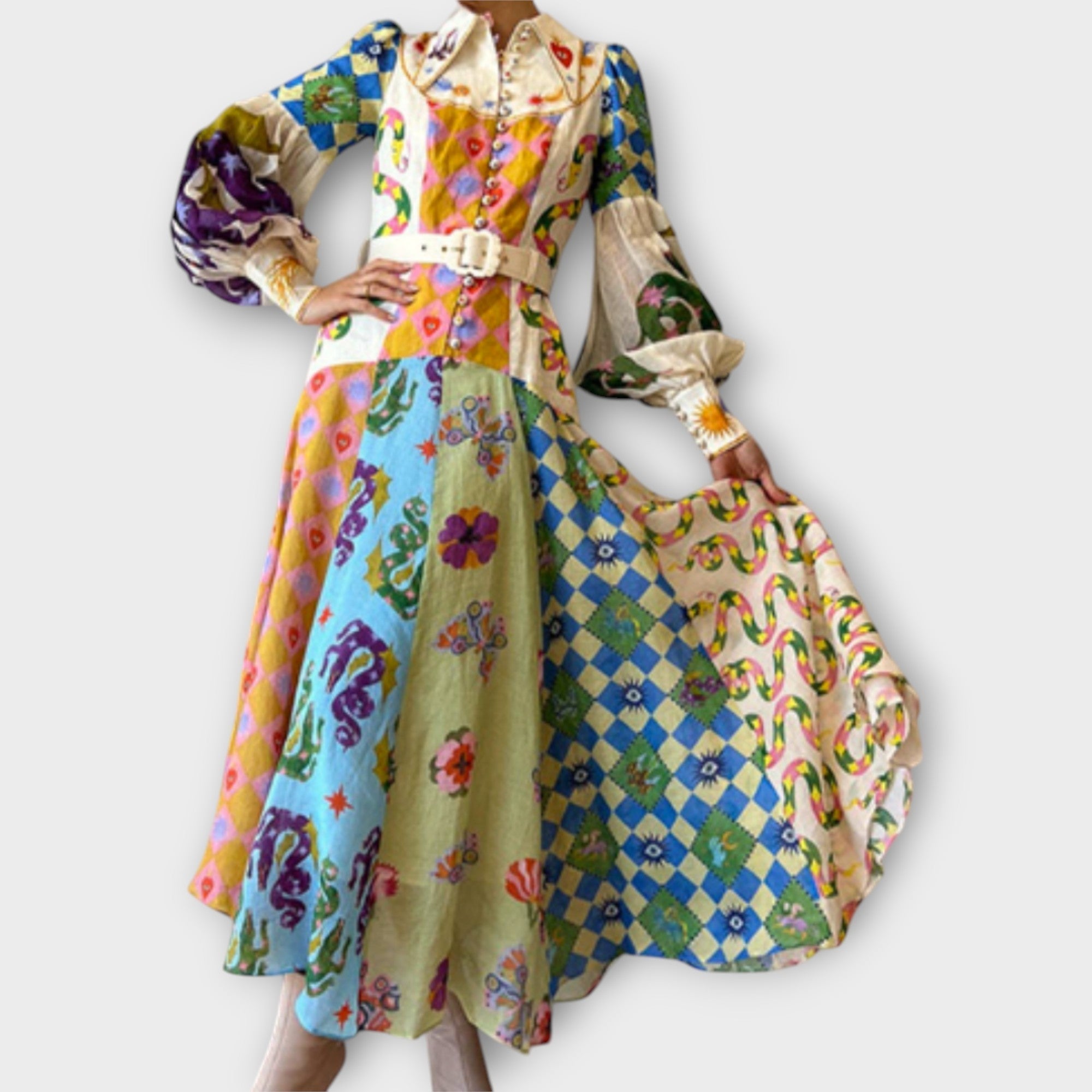 Maxi Suknelė Su Diržu & Pūkuotomis Rankovėmis