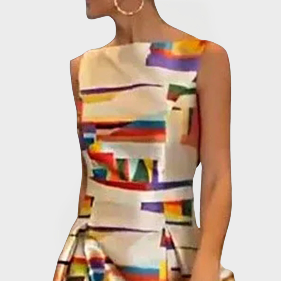 Ilga Suknelė su Geometriniais Raštais ir Modernia Linija