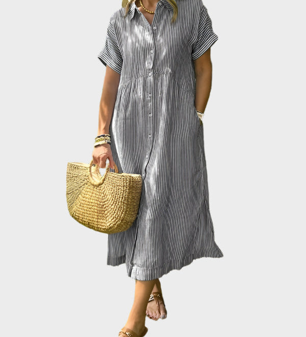 Dryžuotas Marškinėlių Suknelė su Sparnais, Mygtukais ir Funkcinėmis Kišenėmis