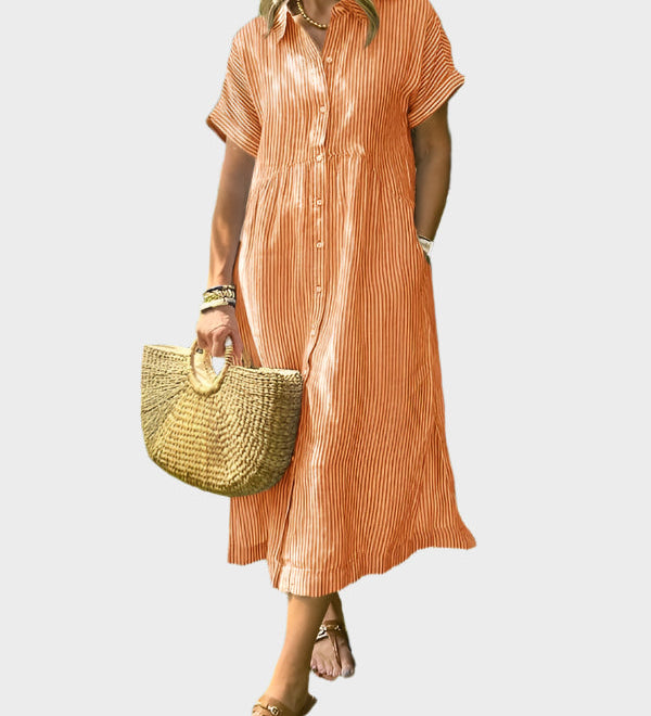 Dryžuotas Marškinėlių Suknelė su Sparnais, Mygtukais ir Funkcinėmis Kišenėmis