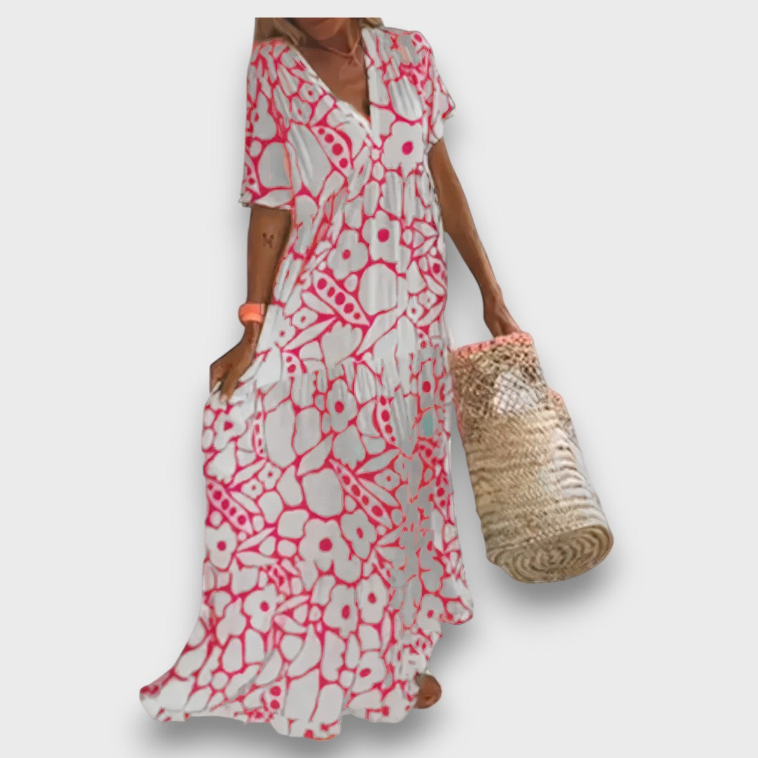 Ilga Suknelė su Gėlių Raštu ir Mygtukais