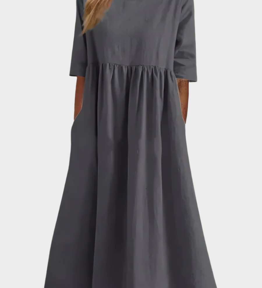 Lininis Suknelė su Trumpomis Rankovėmis ir Oro Linija