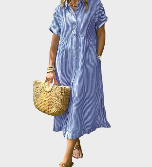 Dryžuotas Marškinėlių Suknelė su Sparnais, Mygtukais ir Funkcinėmis Kišenėmis