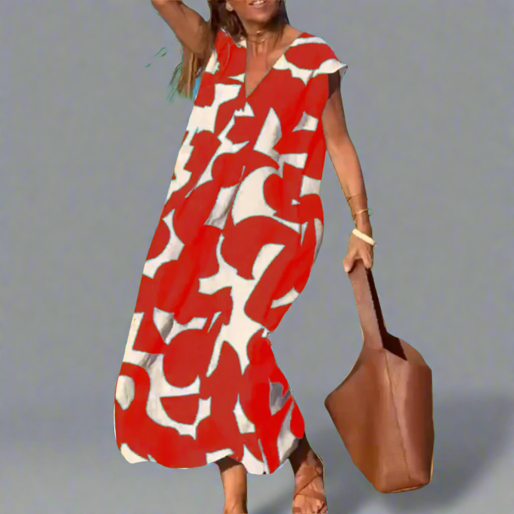 V formos suknelė su audinio raštu