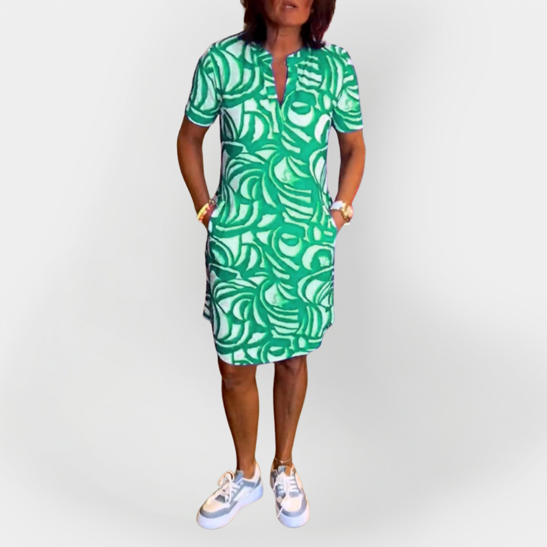 Midi Suknelė Su Raštu Ir Trumpomis Rankovėmis