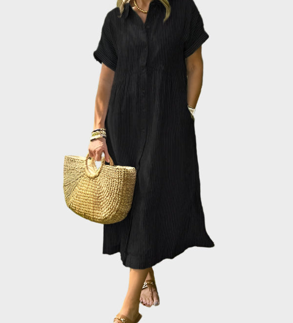 Dryžuotas Marškinėlių Suknelė su Sparnais, Mygtukais ir Funkcinėmis Kišenėmis