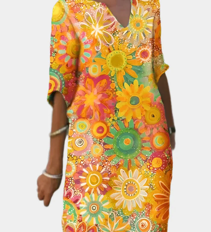 Spalvinga Suknelė su Gėlių Raštu