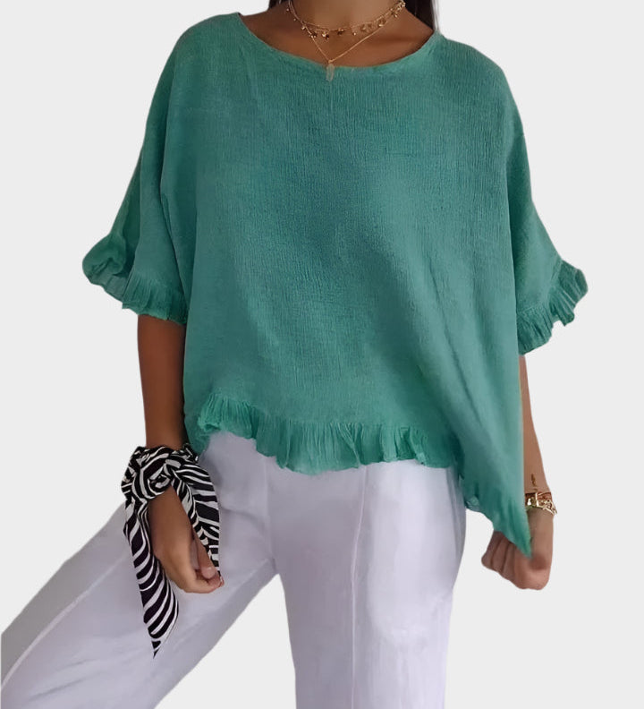 Lengva Lino Bluzonė su Siūlėmis ir Volanais