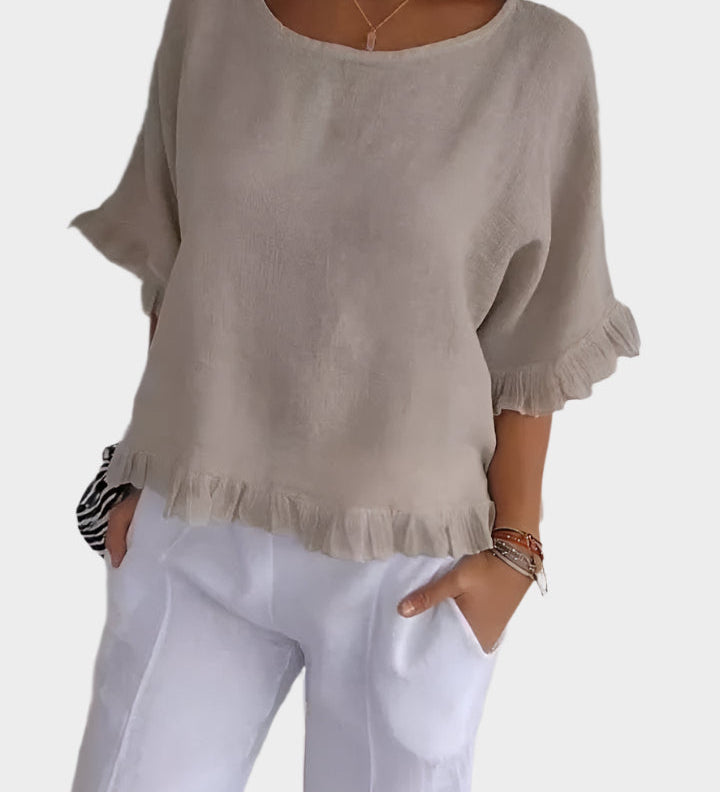 Lengva Lino Bluzonė su Siūlėmis ir Volanais