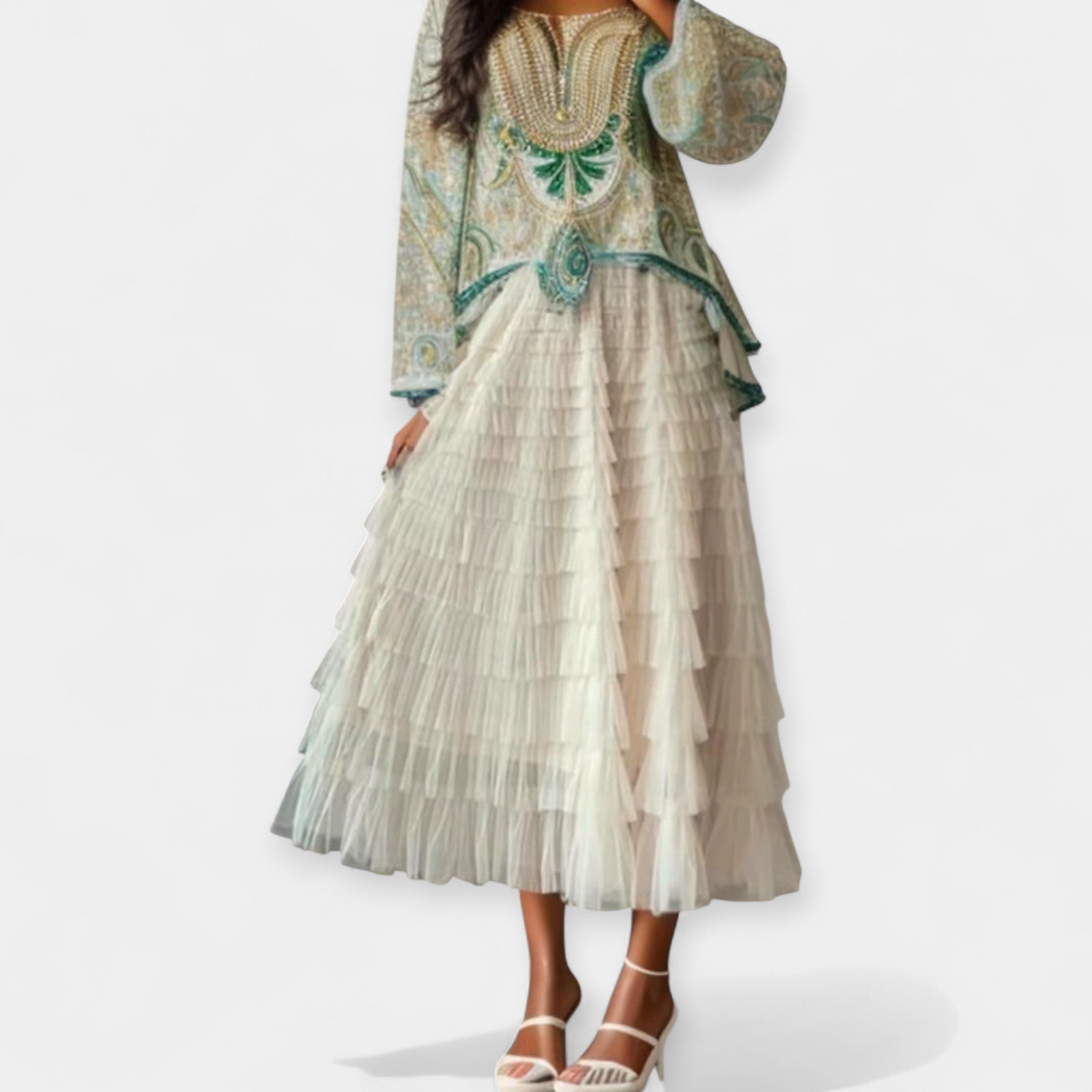 Elegantiška Tūrinė Sijonas su Tiulio Dekoratyvine Detale