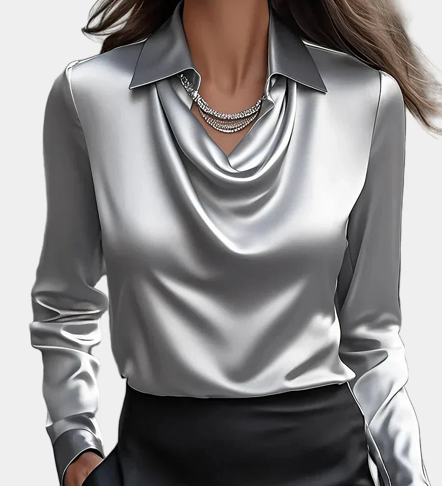 Elegantiška Balta Satino Blūzė su Drabužiu Dekolte