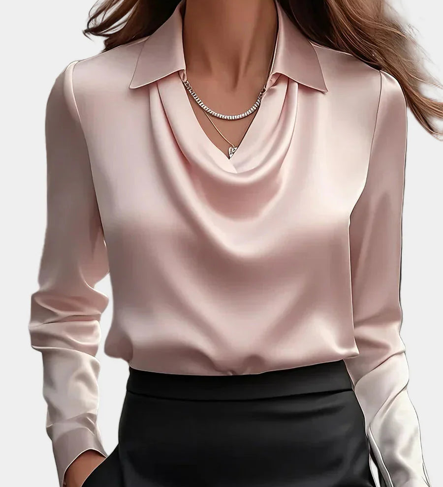 Elegantiška Balta Satino Blūzė su Drabužiu Dekolte