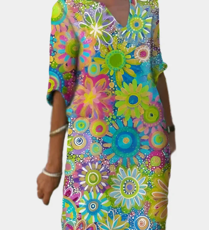 Spalvinga Suknelė su Gėlių Raštu