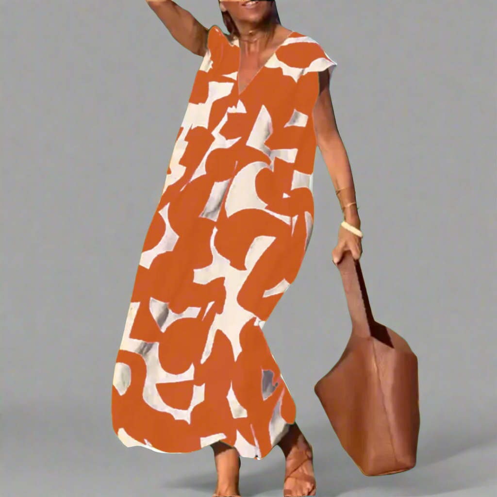 V formos suknelė su audinio raštu