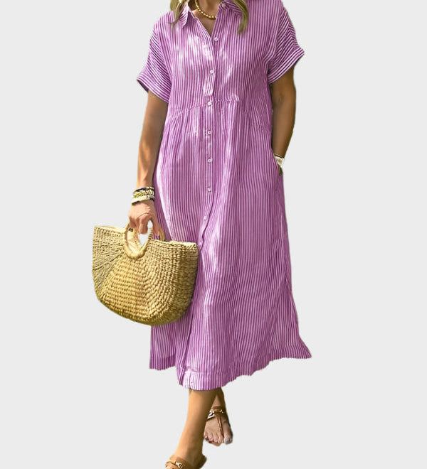 Dryžuotas Marškinėlių Suknelė su Sparnais, Mygtukais ir Funkcinėmis Kišenėmis