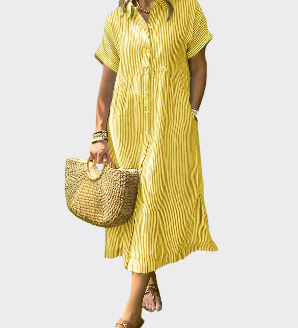 Dryžuotas Marškinėlių Suknelė su Sparnais, Mygtukais ir Funkcinėmis Kišenėmis