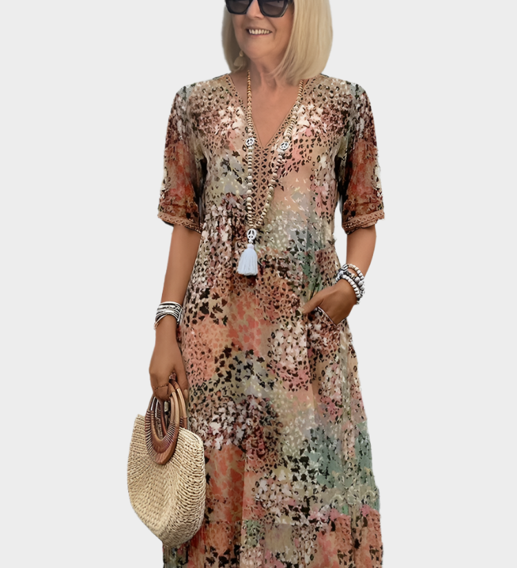 Vėjuotas Suknelė su Vasaros Raštu ir V Iškirpte