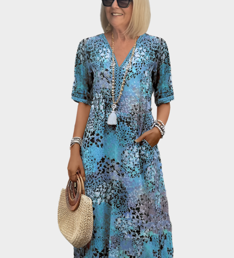 Vėjuotas Suknelė su Vasaros Raštu ir V Iškirpte