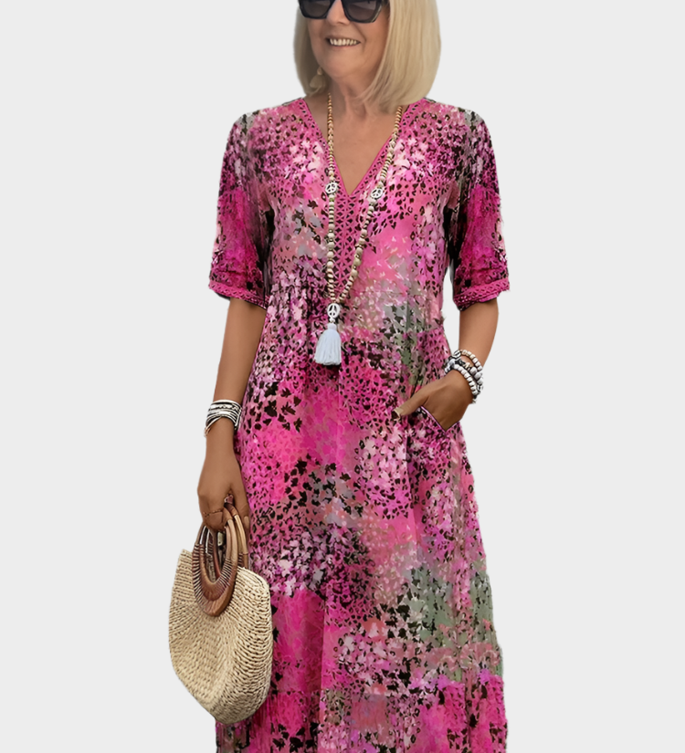 Vėjuotas Suknelė su Vasaros Raštu ir V Iškirpte