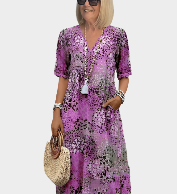 Vėjuotas Suknelė su Vasaros Raštu ir V Iškirpte