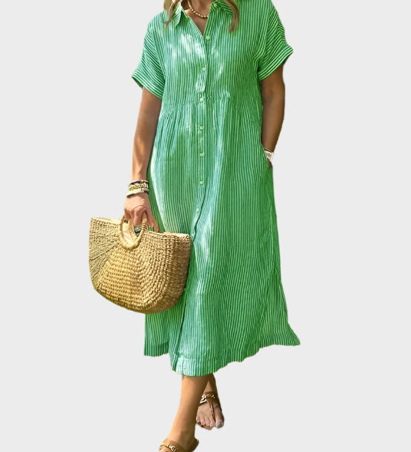 Dryžuotas Marškinėlių Suknelė su Sparnais, Mygtukais ir Funkcinėmis Kišenėmis