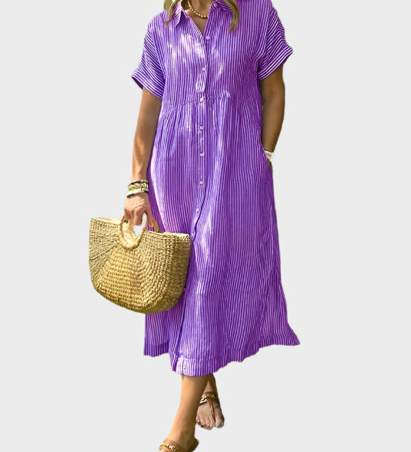 Dryžuotas Marškinėlių Suknelė su Sparnais, Mygtukais ir Funkcinėmis Kišenėmis