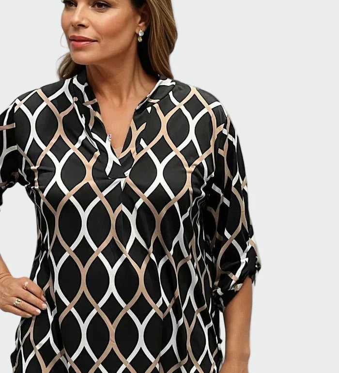 Klasikinė palaidinė su ilgomis rankovėmis ir elegantišku raštu