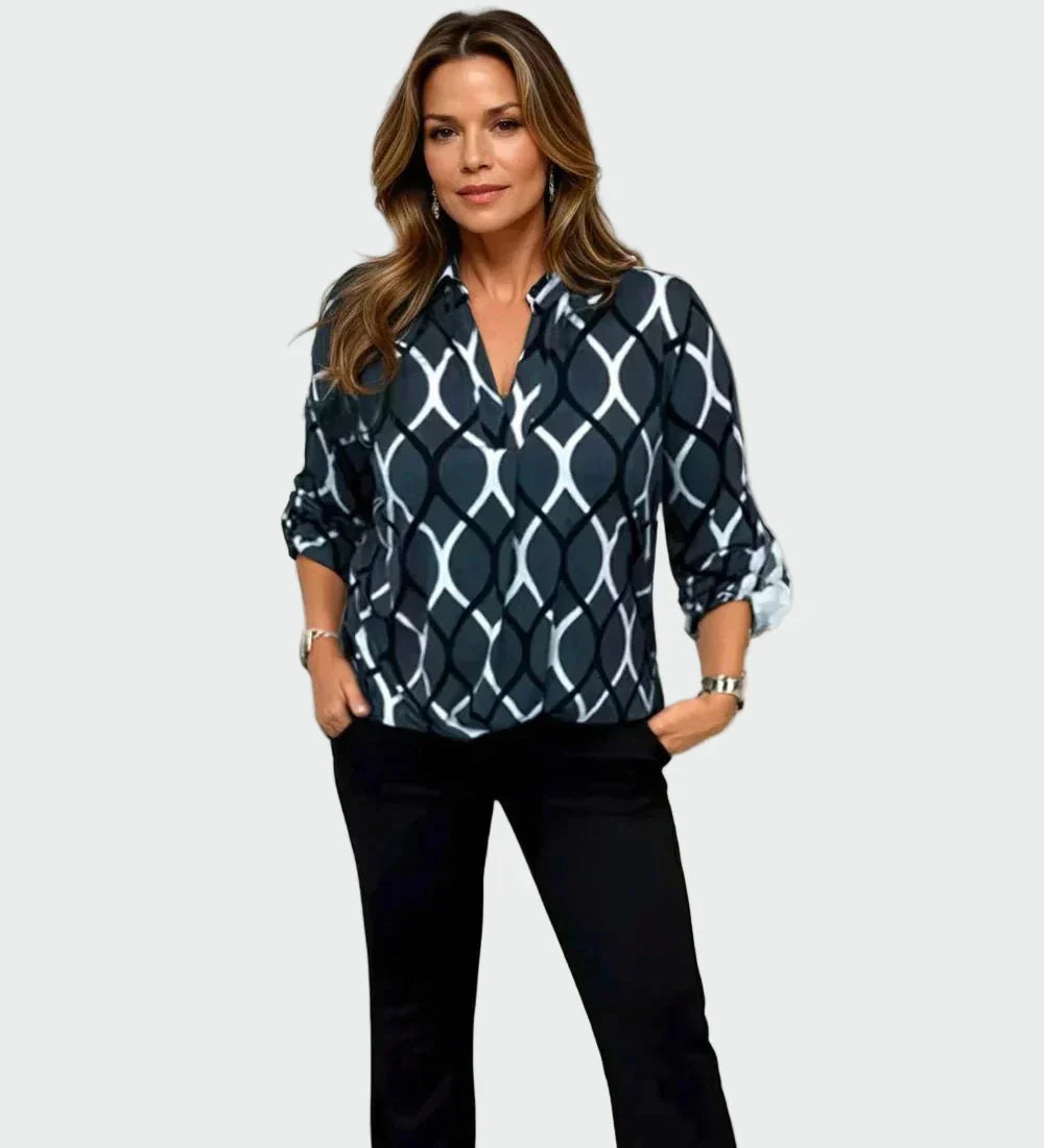 Klasikinė palaidinė su ilgomis rankovėmis ir elegantišku raštu